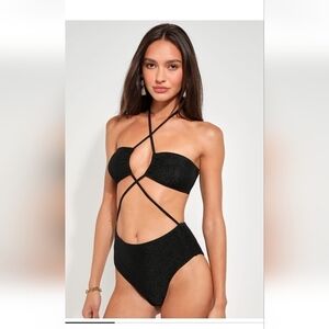 NEW Lulus Miami Vibes black sparkly cut out strappy one piece swimsuit